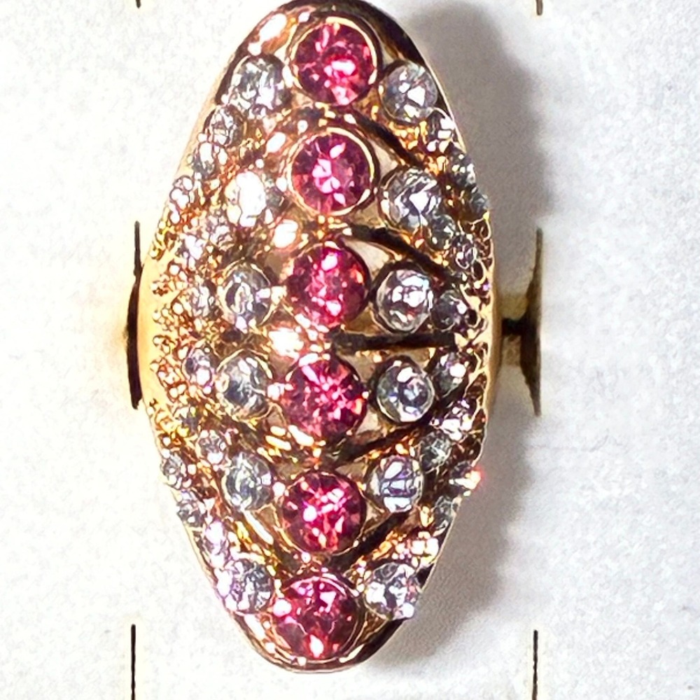 Gold Tone Pink Clear Cubic Zirconia Marquise Pave Statement Cocktail Ring Size 6